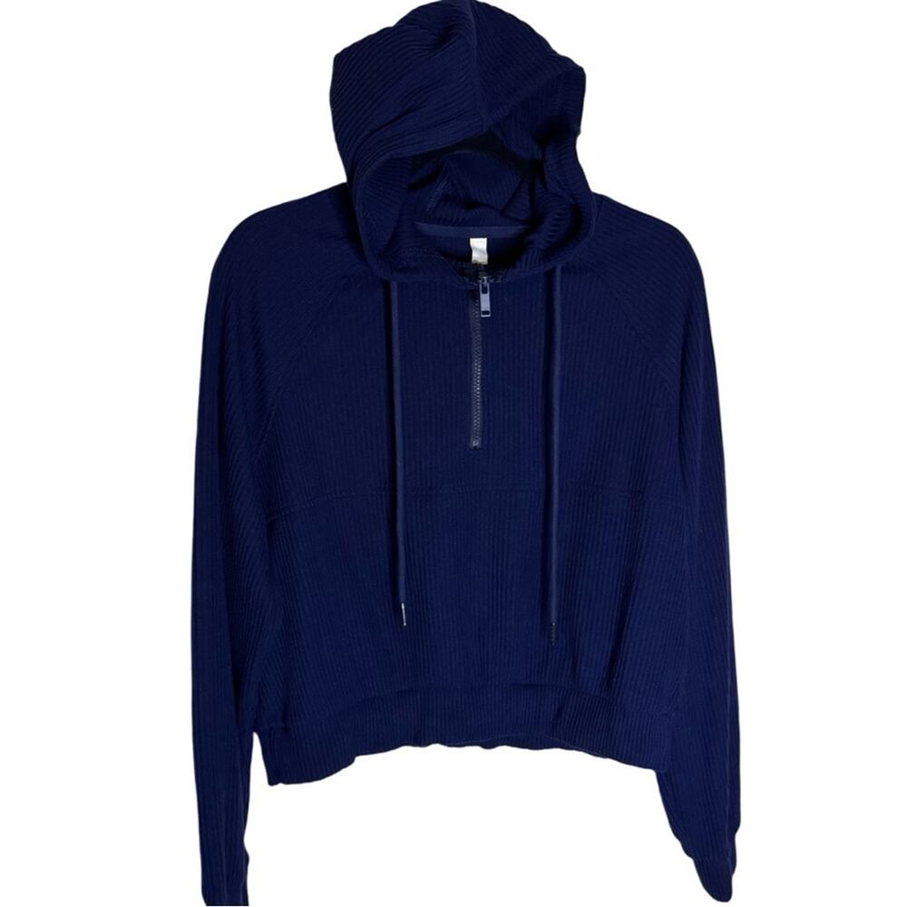 Zella Cozy Half Zip Ribbed Crop Hooded Sweater - Navy Sapphire Size S - Picture 3 of 7